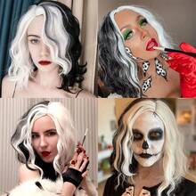 Rosa Stern Deville Perücke 14 Zoll kurzer Bob Wellen Schwarz und Weiß Perücke Halb Schwarz Halb Weiß Bob Perücken Synthetische Bob Perücken Glueless Perücken Hitzebeständige synthetische Haare Perücken für Frauen Halloween Perücken Kostüm Cosplay Perücken für Party, erschwingliche Perücken, Mode Haarverlängerungen, Feiertags Perücken, Weihnachten, Heiligabend und andere festliche Mode Perücken - Schwarz und Weiss - Übersicht 4