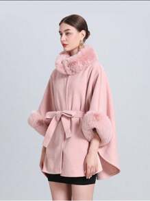 1pc Women's Elegant Knitted Shawl & Cape Coat With Collar & Belt, Suitable For Spring, Summer, Autumn, And Winter - Light Grey - View 8