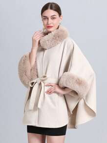 1pc Women's Elegant Knitted Shawl & Cape Coat With Collar & Belt, Suitable For Spring, Summer, Autumn, And Winter - Light Grey - View 3