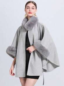 1pc Women's Elegant Knitted Shawl & Cape Coat With Collar & Belt, Suitable For Spring, Summer, Autumn, And Winter - Light Grey - View 5