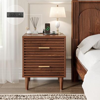 Brown/Black/White Nightstand, Bedside Table, End Table, Fluted Night Stand With Charging Station, Mid Century Modern Night Stands For Bedroom Bedside Table, Fluted Nightstand With 2 Drawers, 19" Modern Side Table With Outlets