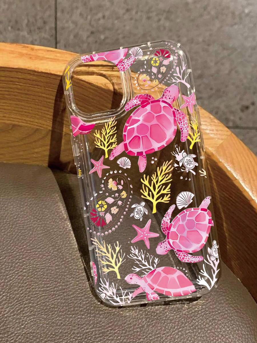 1 pieza Funda de teléfono resistente a golpes de TPU con patrón transparente y colorido de tortuga marina, coral, concha y otras formas de vida marina