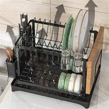 2 Tier Sink Dish Drainer Rack With Drip Tray Plate Rack Cutlery Holder For Kitchen - Black - Black - View 7
