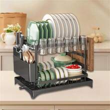2 Tier Sink Dish Drainer Rack With Drip Tray Plate Rack Cutlery Holder For Kitchen - Black - Black - View 6