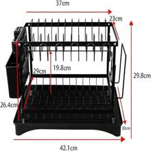 2 Tier Sink Dish Drainer Rack With Drip Tray Plate Rack Cutlery Holder For Kitchen - Black - Black - View 2