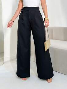 FASHION MO FEMININE - 3286 Women's Tailored Trousers, High Waist, Side Tie, Elegant, Sophisticated, Modern, Casual, With Side Pockets, New Collection National Shipping MIRELLASANTOS - 黑色 - 查看 3