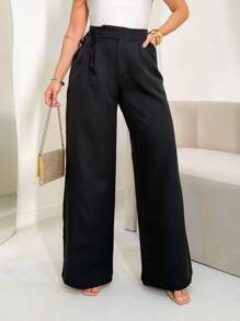 FASHION MO FEMININE - 3286 Women's Tailored Trousers, High Waist, Side Tie, Elegant, Sophisticated, Modern, Casual, With Side Pockets, New Collection National Shipping MIRELLASANTOS - 黑色 - 查看 1