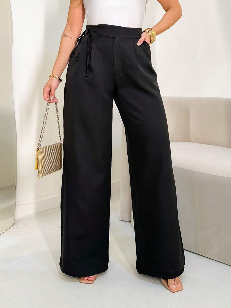 FASHION MO FEMININE - 3286 Women's Tailored Trousers, High Waist, Side Tie, Elegant, Sophisticated, Modern, Casual, With Side Pockets, New Collection National Shipping MIRELLASANTOS - 黑色 - 查看 1