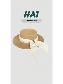 1 buc. Pălărie de soare în stil boho, elegantă, de culoare solidă, cu decorațiuni cu fundă, versatilă pentru femei
