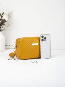 1 Stück gelbe gesteppte V-Rillen geprägte kleine quadratische Damen Umhängetasche, modische vielseitige Schulter-/Umhängetasche mit Kamera mit goldfarbenem Metalldekor
