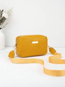 1 Stück gelbe gesteppte V-Rillen geprägte kleine quadratische Damen Umhängetasche, modische vielseitige Schulter-/Umhängetasche mit Kamera mit goldfarbenem Metalldekor