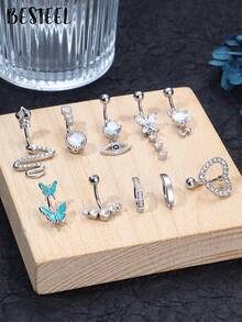 BESTEEL 1pc 14G Belly Button Bars Dangle Cute Butterfly Snake Evil Eye Heart Clear CZ Clicker Dangly Belly Button Rings For Women Belly Button Piercinging - Multicolor - View 3