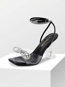 Women Pyramid Heeled Sandals With Sparkly Bow Knot Embellished Fashion Peep Toe Transparent Heel Sandals For Party Wedding Prom - 黑色 - 查看 3