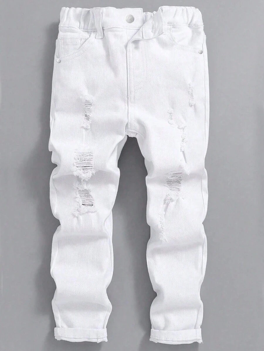 Tween Boy Distressed White Denim Jeans - White - View 1