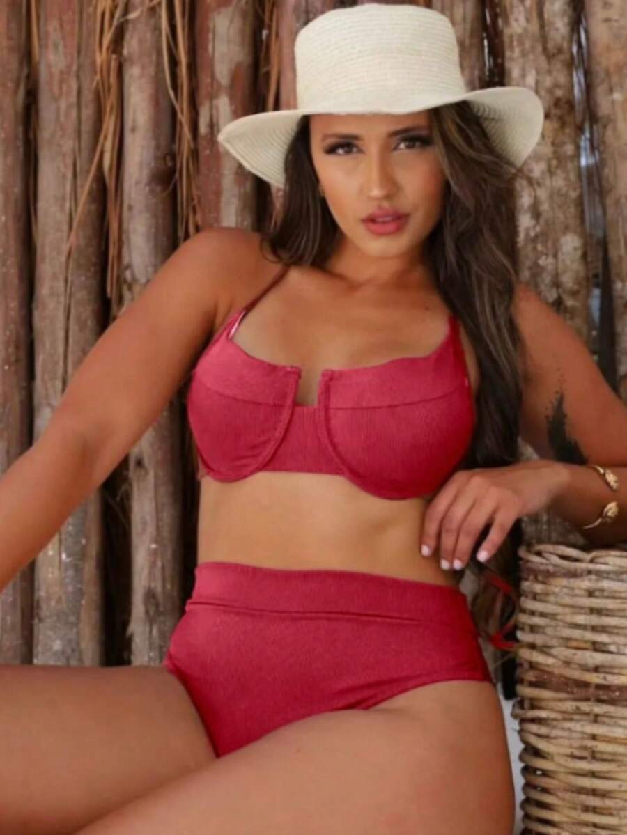 TRICO-ZHU Two-Tone V-Neck Bikini With Padded Bra FIDA Panties Asa Delta Gringa Fashion Women's Clothing Beachwear Factory Has Two Different Panty Sizes.2024NEW - Đỏ - Xem 1