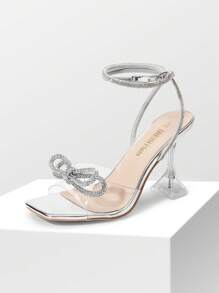 Giày cao gót đính pha lê lấp lánh cho nữ thời trang hở mũi, gót trong suốt, gợi cảm cho tiệc cưới, vũ hội, ngày lễ tình nhân - Bạc - Xem 3