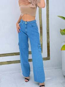 Women's Cargo Jeans Medium Wash/Delicate/Blue Fashion Style - Rửa trung bình - Xem 6
