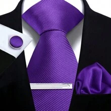 Set de corbata, pañuelo de bolsillo, gemelos y corbatín para hombre, corbatas de poliéster de rayas sólidas para todas las estaciones, fiestas y celebraciones, casual