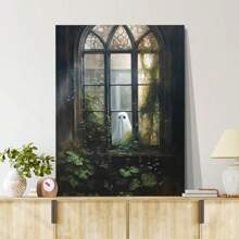 1pc Framed Vintage Ghost Canvas Wall Art Ghost Outside Looking In Cute Yet Spooky Aesthetic Poster Gothic Wall Art Spooky Halloween Decorations Gift For Halloween Lover Preppy Halloween Horror Wall Decor For Dorm Bedroom