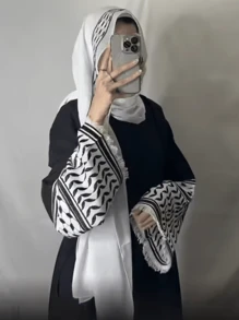 褶皱柔软雪纺刺绣长袍，流苏迪拜风格长袍，女式长袍，朴素的伊斯兰服装 - 黑色 - 查看 1