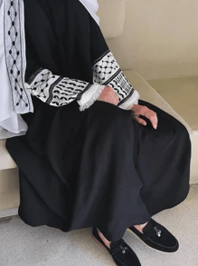 褶皱柔软雪纺刺绣长袍，流苏迪拜风格长袍，女式长袍，朴素的伊斯兰服装 - 黑色 - 查看 3