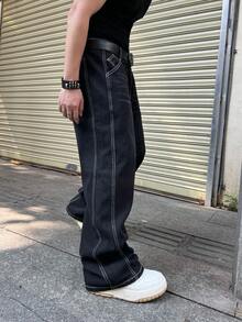 1 Piece Of American Retro Versatile Wide-Leg Casual Loose Jeans For Men - Black - View 3