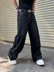 1 Piece Of American Retro Versatile Wide-Leg Casual Loose Jeans For Men - Black - View 4