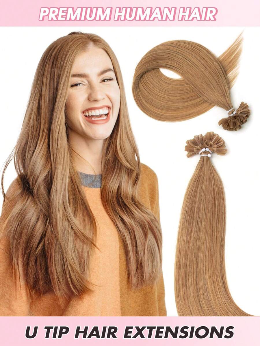 50 Pcs U Tip Hair Extensions Human Hair Extensions Color 27 Caramel
