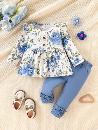 2 piezas/set Top de manga larga con estampado floral y pantalones con dobladillo de volantes de color liso para bebé niña