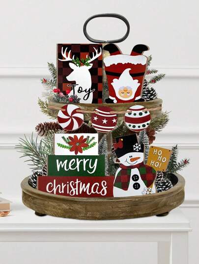 1/120Set,7Pcs/Set Farmhouse Christmas Santa Elk Wooden Tiered Tray Decorations For Winter Holiday Xmas Party Kitchen Tabletop Decor,Rustic Merry Christmas Mini Wooden Signs For Farmhouse Kitchen Table Decor(Without Tray)