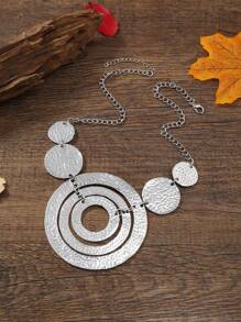 1入組復古鋅合金紋理質感圓形吊飾圍兜項鍊適用於女士日常裝飾 - 復古銀色 - 查看 3