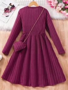 女童纯色罗纹长袖圆领针织连衣裙（配包袋套装） - 玫紅色 - 查看 2