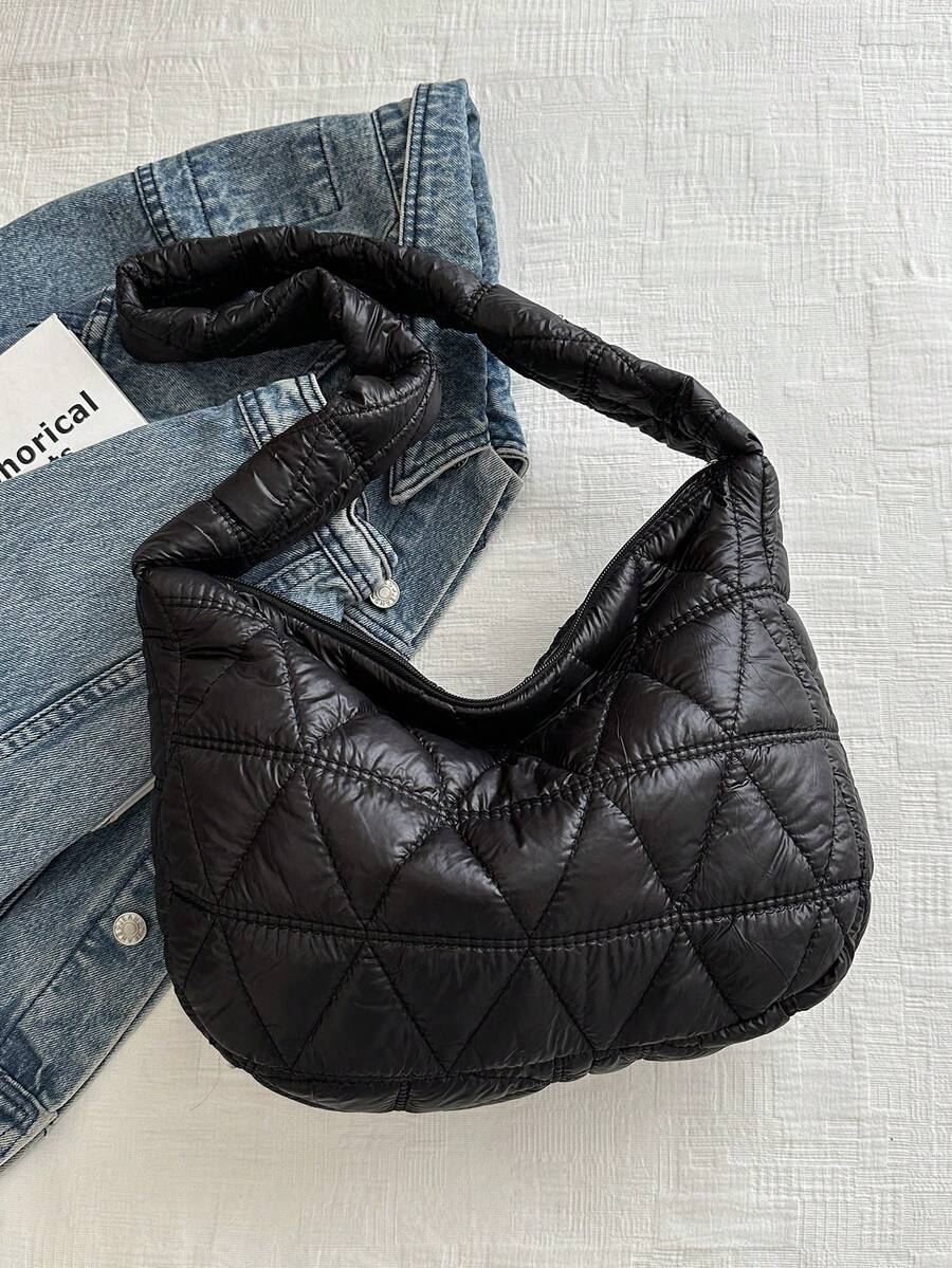 Oversized Quilted  Shoulder Tote Bag For Women, Large Capacity Rhombus Stitching Design Handbag For Outdoor/Commute - Black - View 1