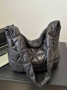 Oversized Quilted  Shoulder Tote Bag For Women, Large Capacity Rhombus Stitching Design Handbag For Outdoor/Commute - Black - View 8