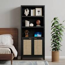 SICOTAS Rattan 5 Tier Bookshelf, 5 Shelf Bookcase With Doors Library Bookcase For Home Office, Living Room - Black Oak - View 11