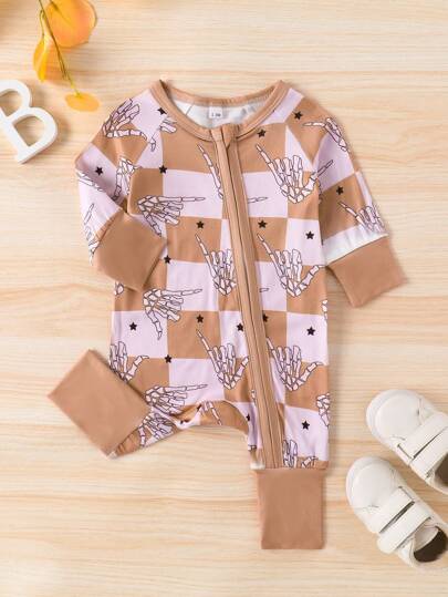 Baby Jungen lässiger Rundhals Langarm Digital-Muster Reißverschluss-Jumpsuit, Frühling & Herbst