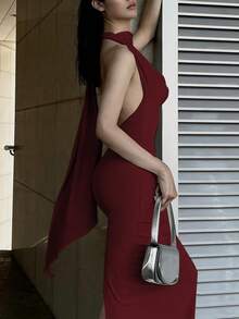 女士深V领罗纹无袖连衣裙，夏季派对优雅款 - 酒紅色 - 查看 3