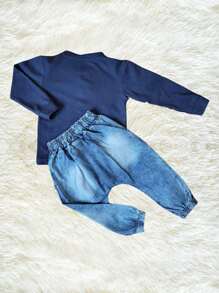 2-Piece Set: Long-Sleeved Button-Down Shirt With Pocket And Harem Jeans - 藏蓝色 - 查看 2