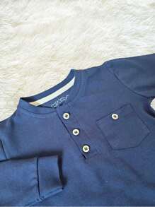 2-Piece Set: Long-Sleeved Button-Down Shirt With Pocket And Harem Jeans - 藏蓝色 - 查看 3