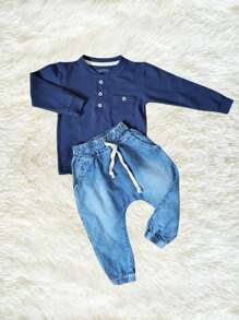 2-Piece Set: Long-Sleeved Button-Down Shirt With Pocket And Harem Jeans - 藏蓝色 - 查看 1