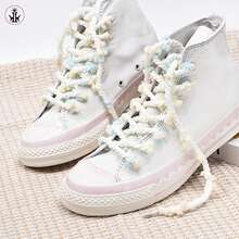 1 Cặp Dây Giày Chấm Bi Cầu Vồng Được Thiết Kế Riêng & 1 Cặp Dây Giày Pom-Pom Hoa Nhiều Màu - Thắt lưng tròn bóng tóc màu đỏ kẹo ngọt - Xem 4