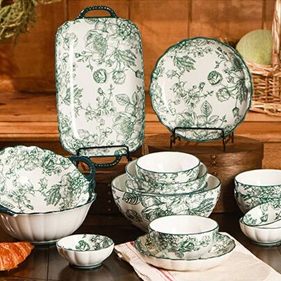 1pc/6pcs Vintage Green Rose Dinnerware Set, Bowls And Plates, Ceramic Tableware (Underglaze Painting Technique), Dipping Dish/Meal Bowl/Dessert Bowl/Pasta Plate/Sushi Plate/Steak Plate/Soup Bowl, Suitable For Housewarming/Holiday/Wedding Gifts Christmas Gift