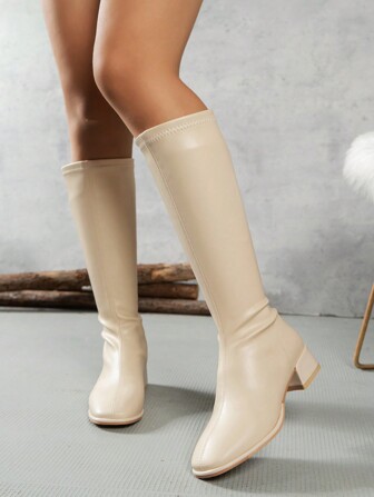 女士时尚粗跟过膝长靴，后拉链设计，简约百搭过膝骑马靴、西部靴、机车靴，黑色高跟鞋、米色高跟鞋，冬季靴、派对靴