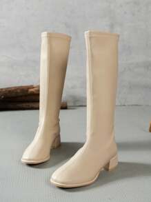 女士时尚粗跟过膝长靴，后拉链设计，简约百搭过膝骑马靴、西部靴、机车靴，黑色高跟鞋、米色高跟鞋，冬季靴、派对靴 - 米色 - 查看 5