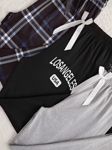 3 pièces/Ensemble Pantalon de pyjama décontracté pour femme grande taille, avec poches, imprimé lettre et carreaux, décoration de nœud, taille élastique