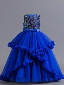 Tween Girl Sequin Layered Tulle Dress Formal Wedding Party Princess Gown, Four Seasons - Blue - View 4