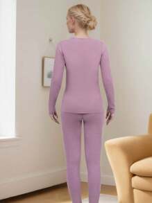 1 Set Medium Thickness Knitted Wool & Silk Thermal Seamless Base Layer Set For Women, Warm And Cozy For Autumn/Winter/Spring - Purple - View 2