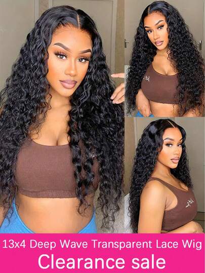 13x4蕾丝前假发，自然黑色，深波浪卷发，150%密度，预先修剪的发际线，湿波浪透明蕾丝前假发，带婴儿发，适合14-30英寸女性