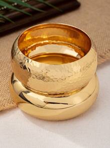2pcs Simple Glossy Hammered Textured Bangle Set, Fashionable & Versatile For Women
