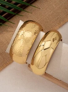 2pcs Simple Glossy Hammered Textured Bangle Set, Fashionable & Versatile For Women